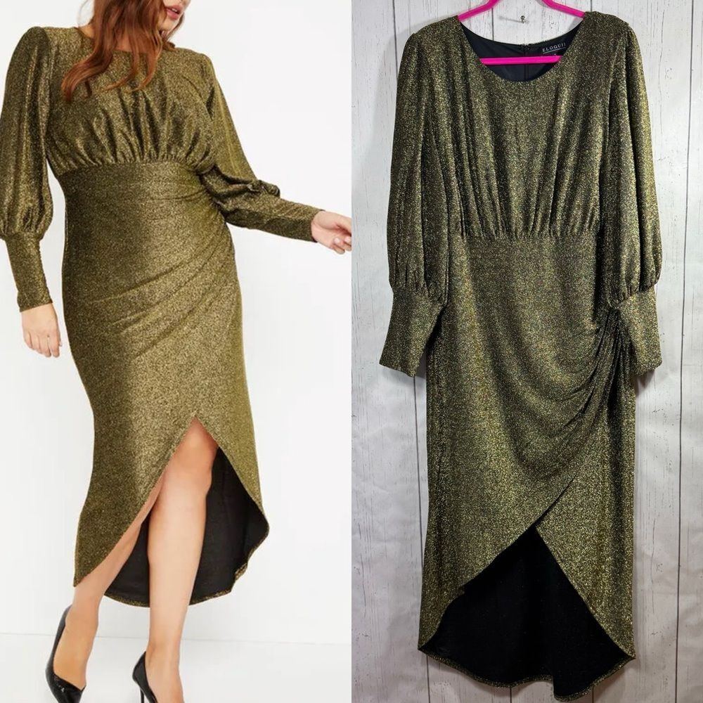 Eloquii Womens Metallic Asymmetrical Ruched Midi Dress Retro Wrap Party Glam